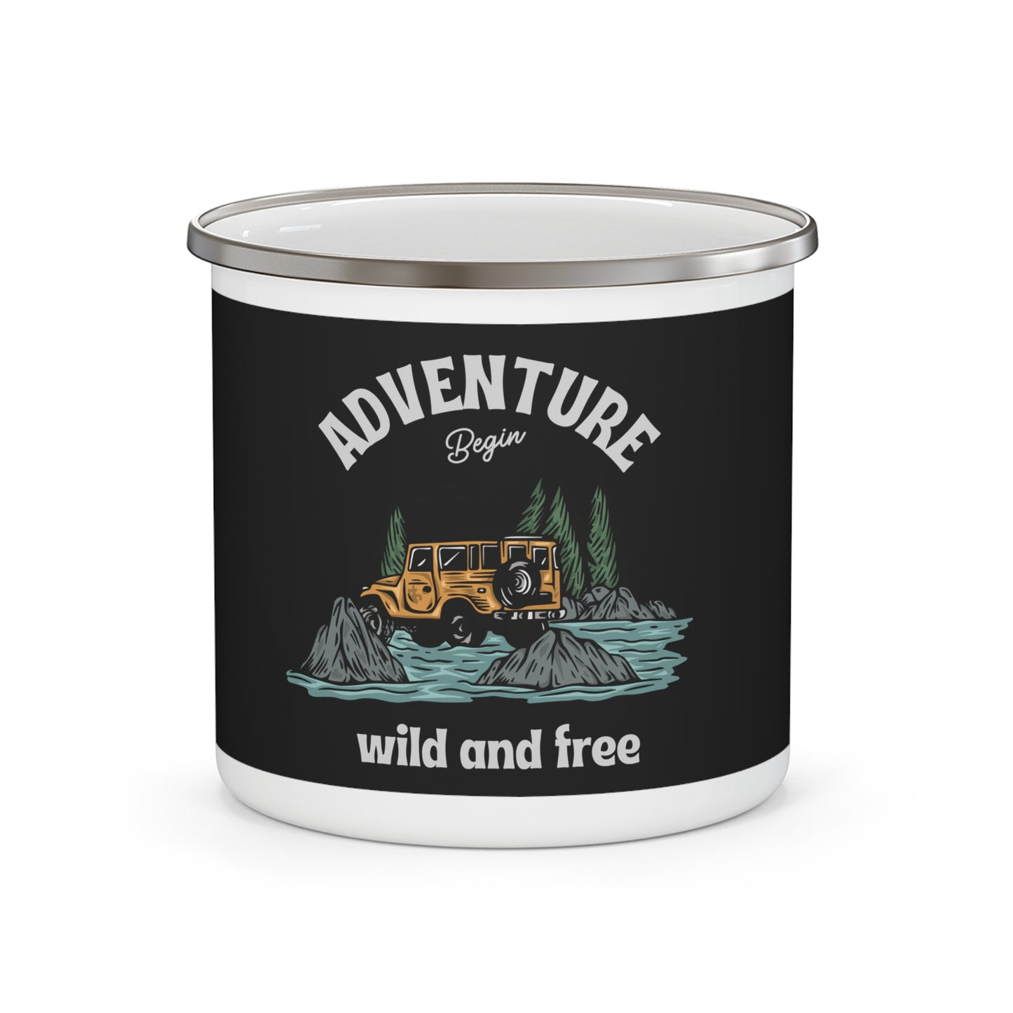 Adventure Begin – Wild and Free travel and outdoor coffee mug inspired by road trips, nature, and off-road exploration. Perfect gift for adventurers and campers.